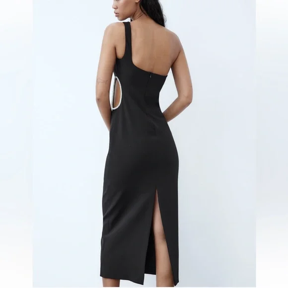 Zara NWT black one shoulder rhinestone side cutout detail midi dress - Picture 7 of 9